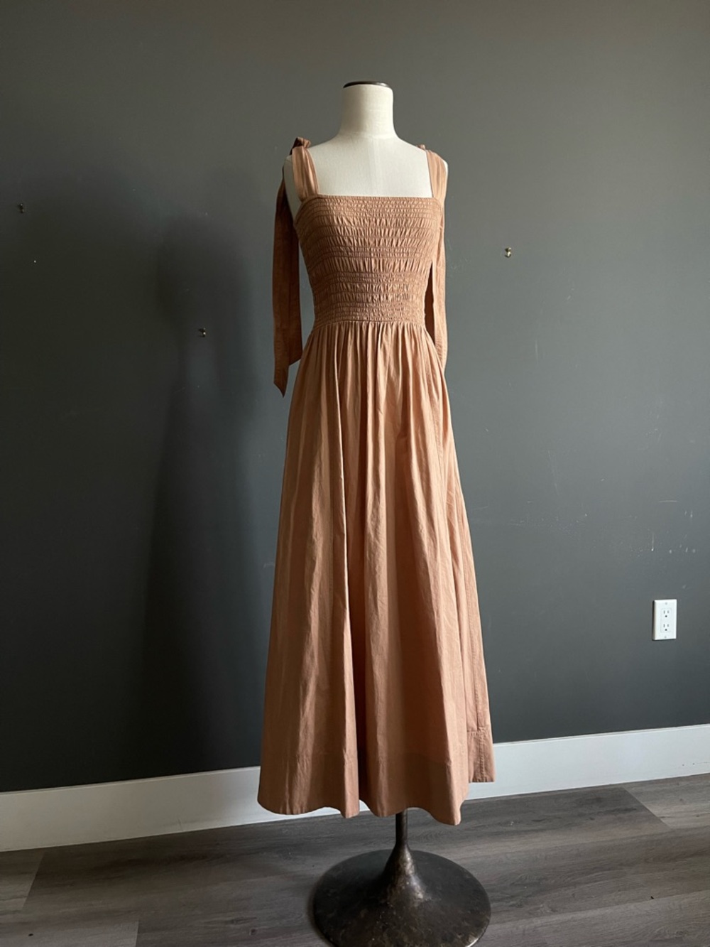 Dôen Smocked Cotton Midi Dress Tie Strap Sundress Summer Cottagecore Prairie